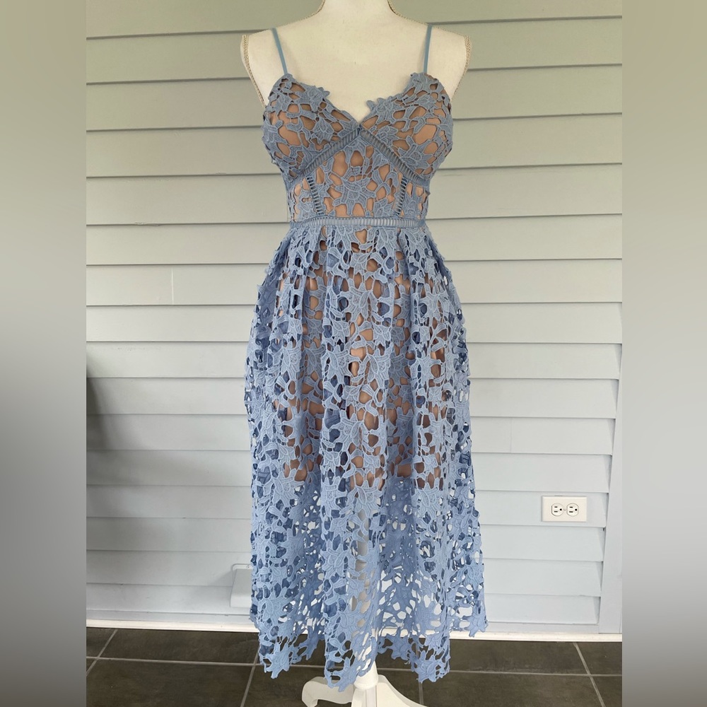 Aqua Dusty Blue Lace Midi Dress